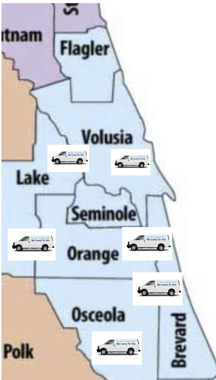 Map highlighting Volusia, Flagler, Lake, Seminole, Orange, Osceola, and Brevard Counties in Florida